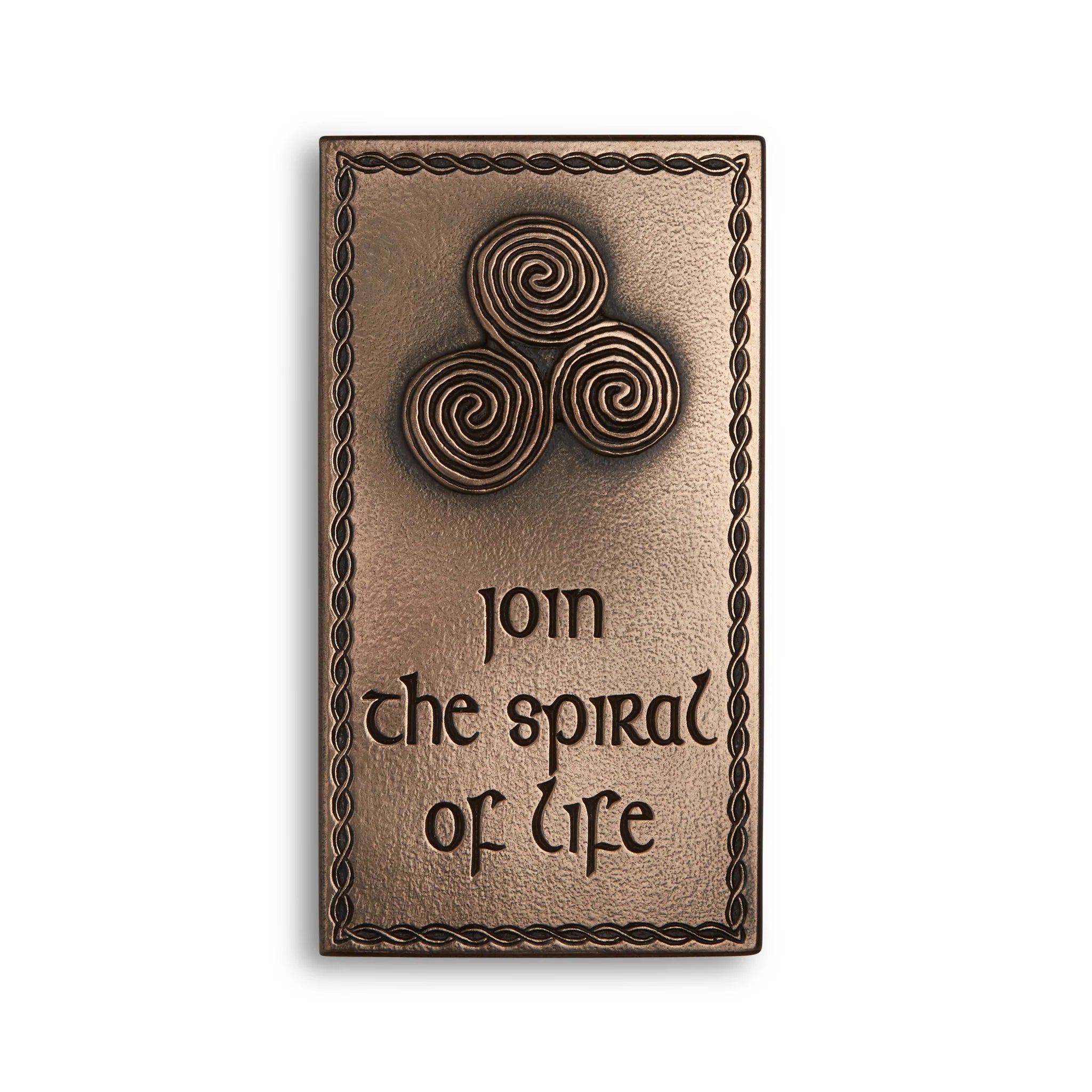 Bronze plaque with spiral design and 'join the spiral of life' text on a white background