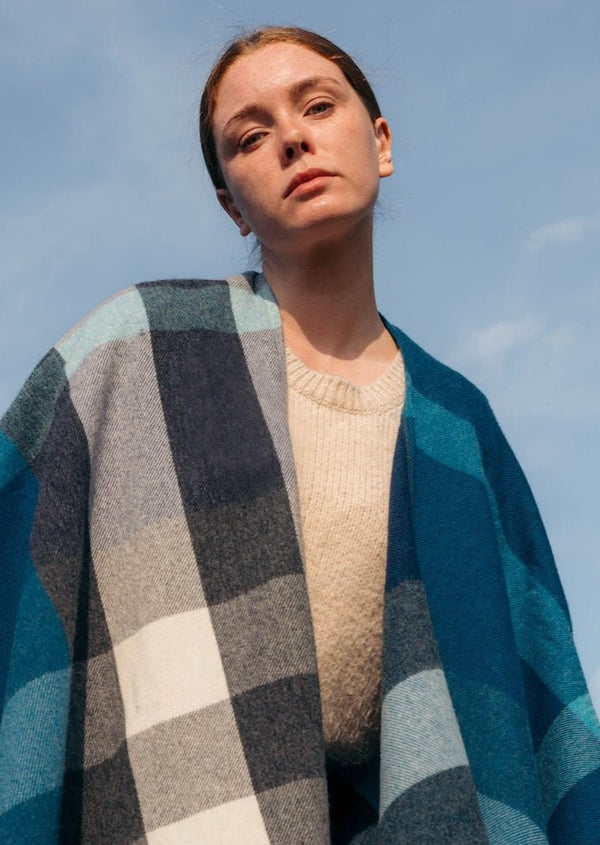 John Hanly Lambswool Cape | Turquoise Blue Check