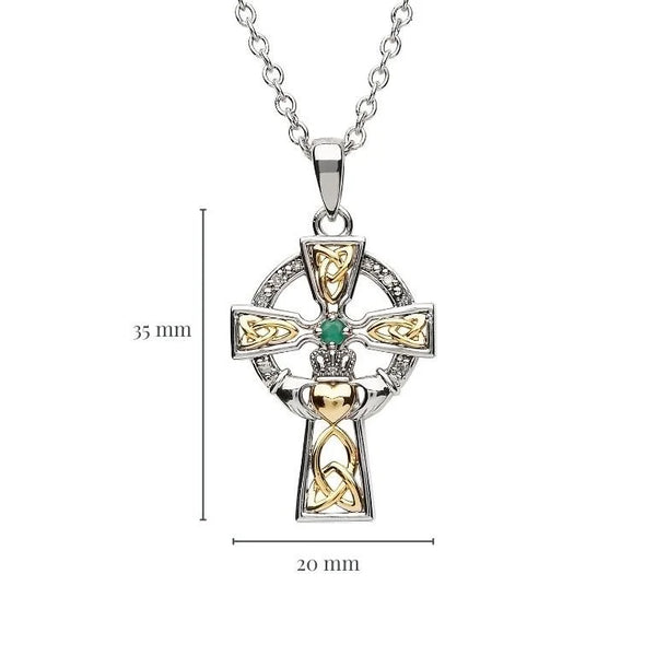 Silver Celtic Trinity Cross Set With Emerald And Diamond