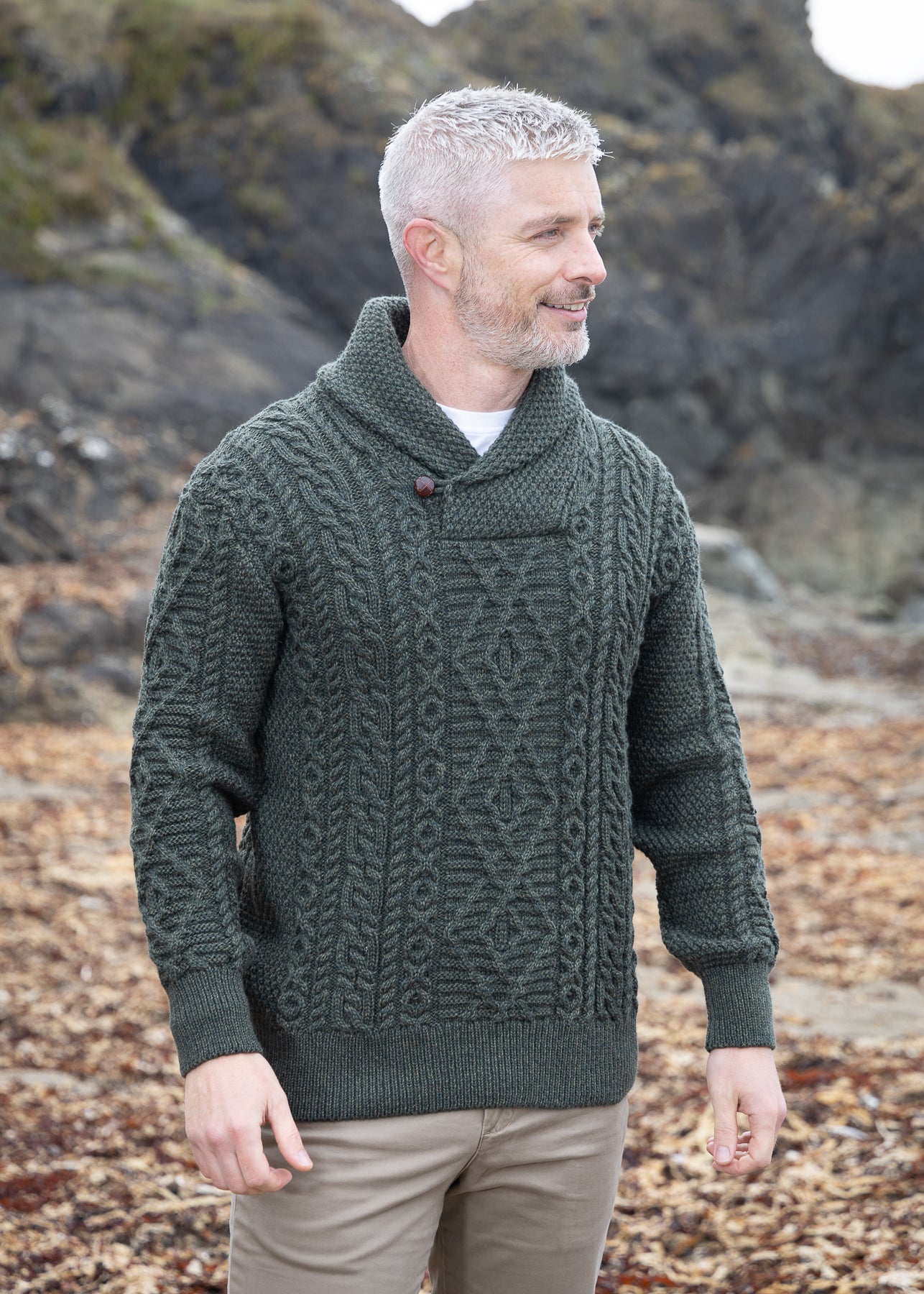 Aran Shawl Neck Sweater | Army Green