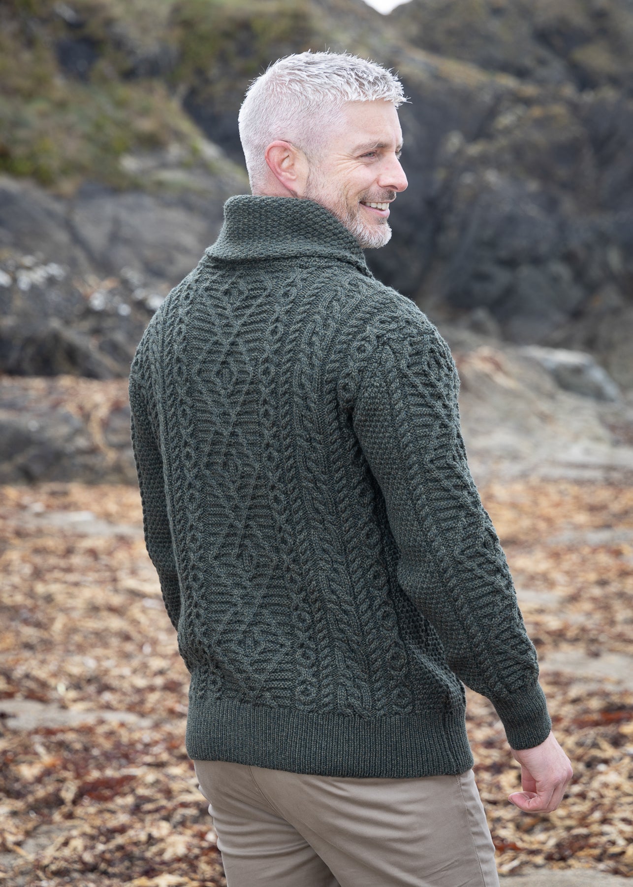 Aran Shawl Neck Sweater | Army Green