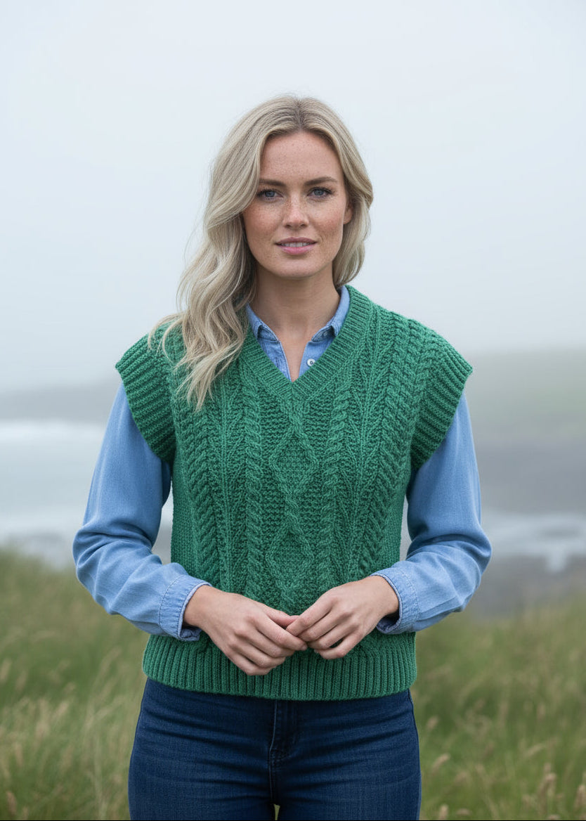 Women's V Neck Aran Vest | Green