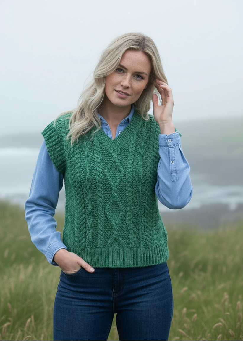 Women's V Neck Aran Vest | Green