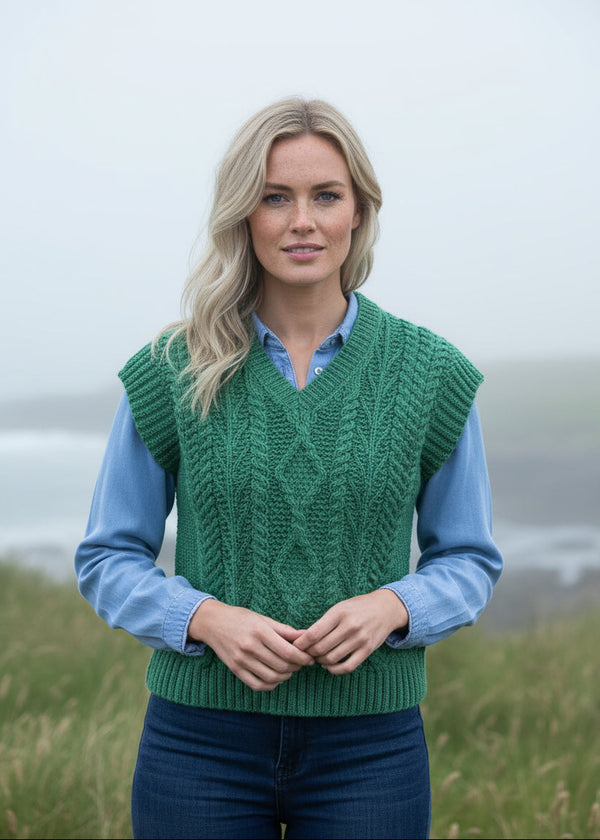 Women's V Neck Aran Vest | Green