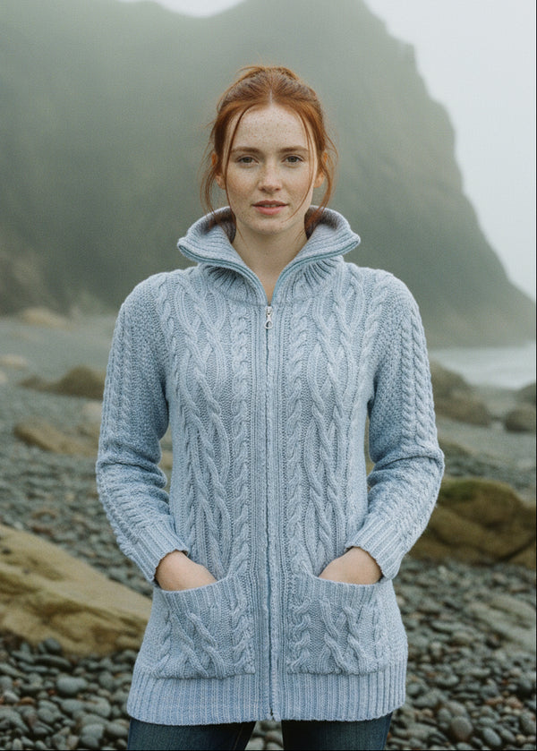 Aran Claddagh Zip Cardigan | Sky Blue