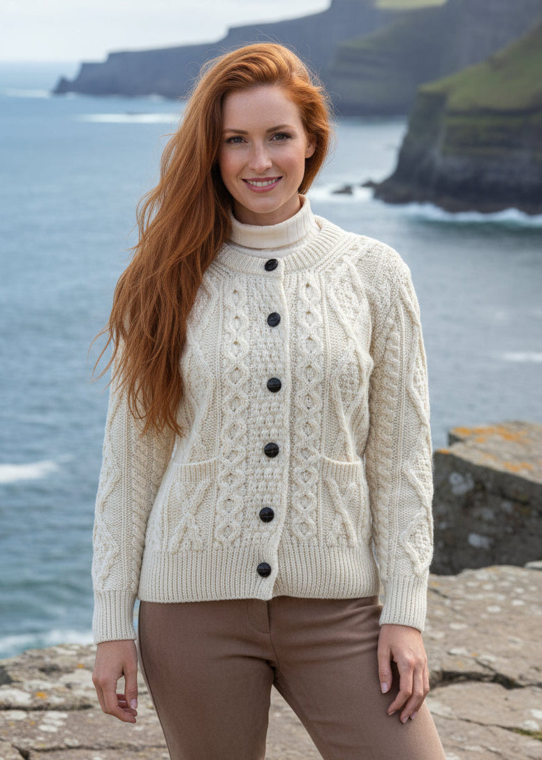 Inagh Ladies Aran Cardigan | Natural