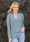 IrelandsEye Women's V Neck Aran Sweater | Ocean Mist