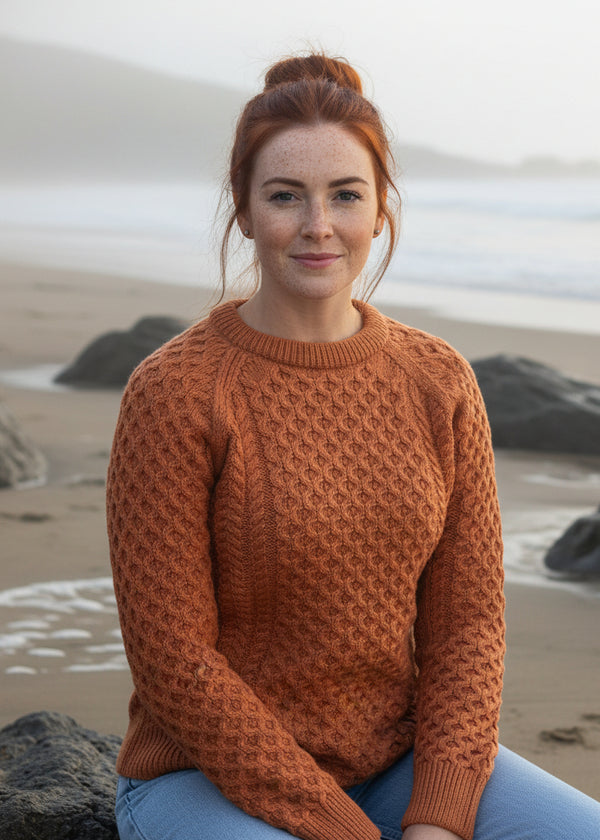 Ladies Slim-Fit Aran Sweater | Terracotta