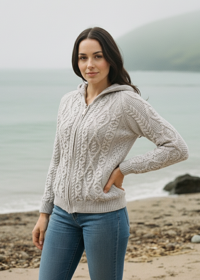 IrelandsEye Women's Aran Hooded Cardigan | Silver
