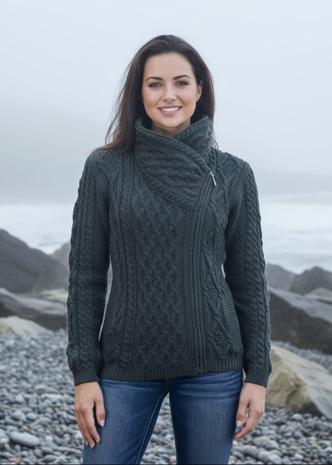 Aran Bikers Claddagh Side Zip Cardigan | Army Green