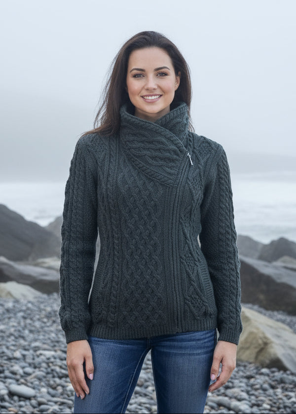 Aran Bikers Claddagh Side Zip Cardigan | Army Green