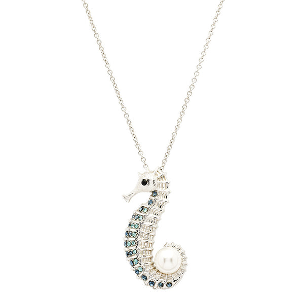 Sterling Silver Seahorse Pearl Necklace with Sapphire Crystals