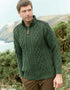 Aran-Tweed-Pullover mit Viertelreißverschluss | Herren-Merinowolle aus irischer Merinowolle | Grün
