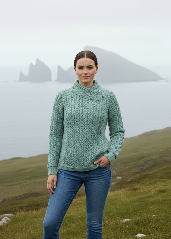 Claddagh Zip Skellig Aran Cardigan | Aqua
