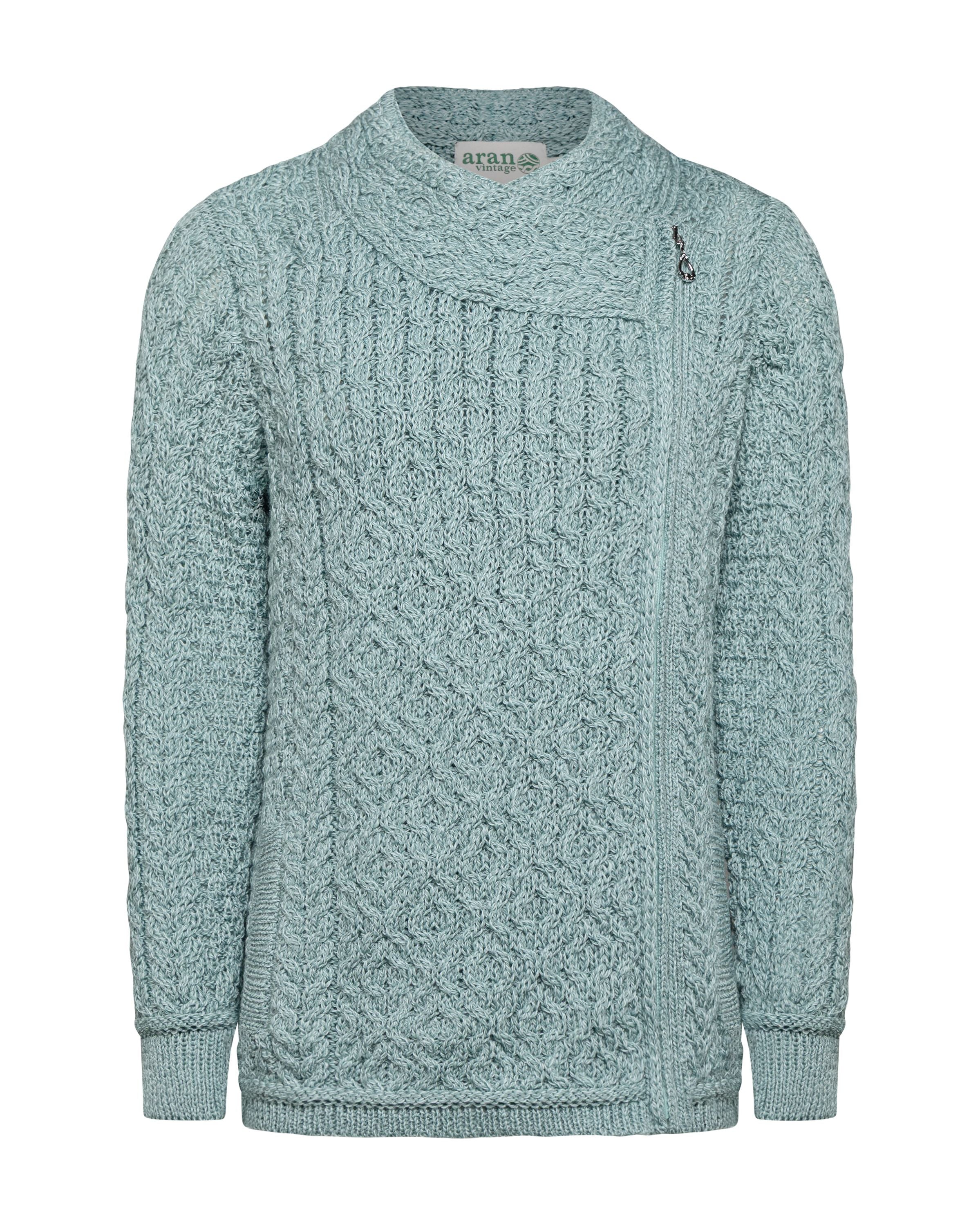 Claddagh Zip Aran Cardigan | Aqua