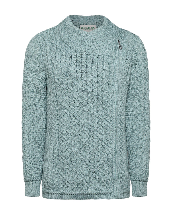 Claddagh Zip Aran Cardigan | Aqua