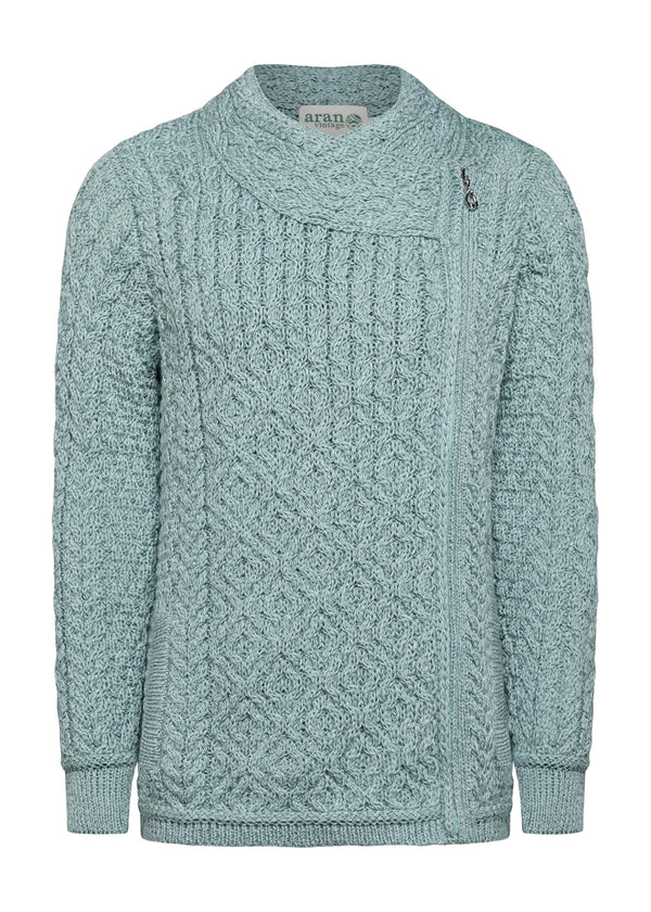 Claddagh Zip Aran Cardigan | Aqua