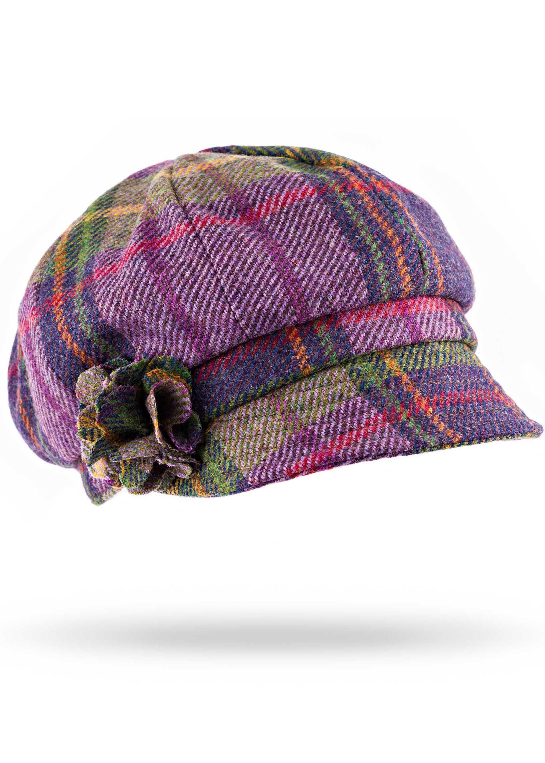 Ladies Tweed Rosette Hat | Purple Green Plaid