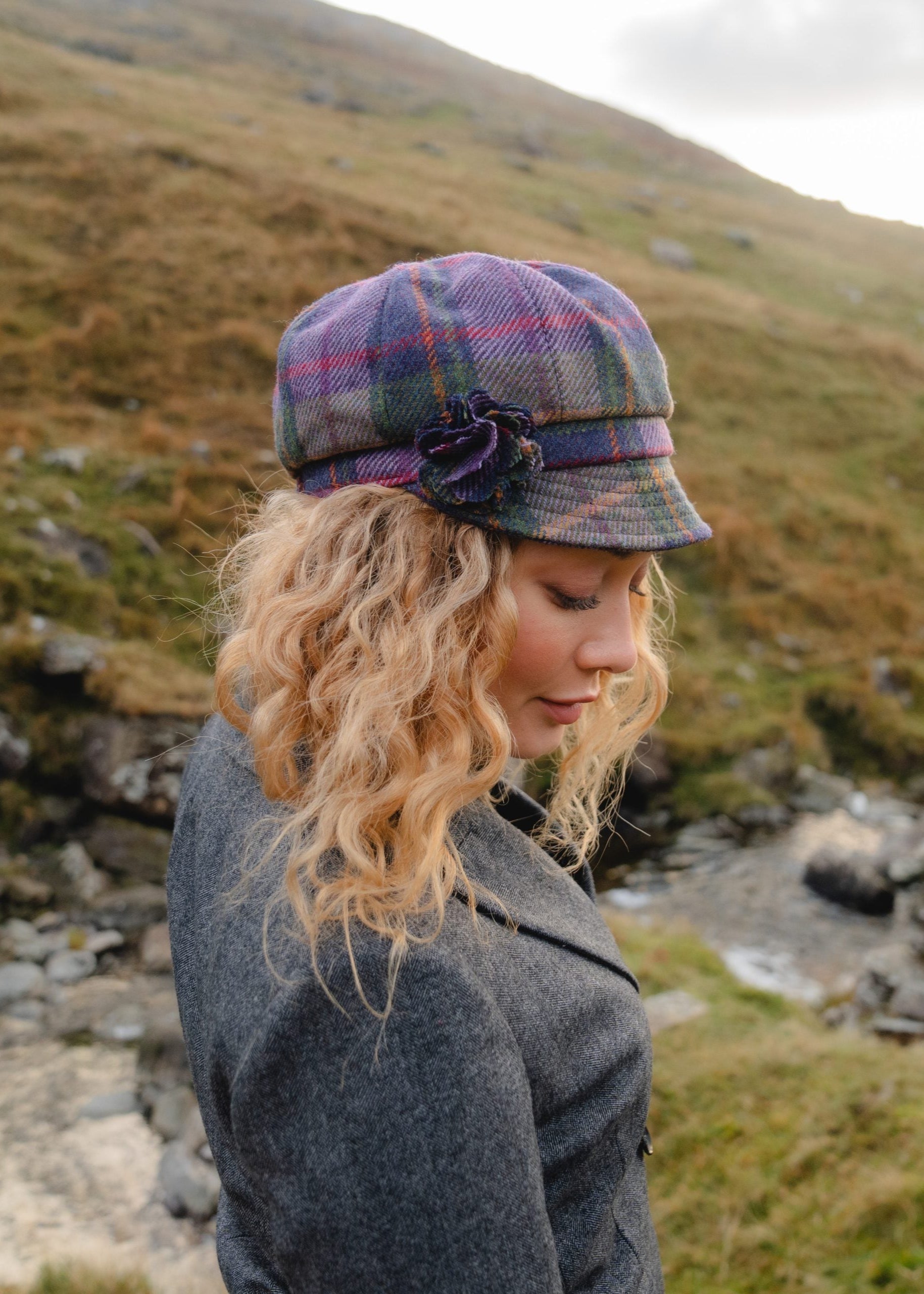 Ladies Tweed Rosette Hat | Purple Green Plaid
