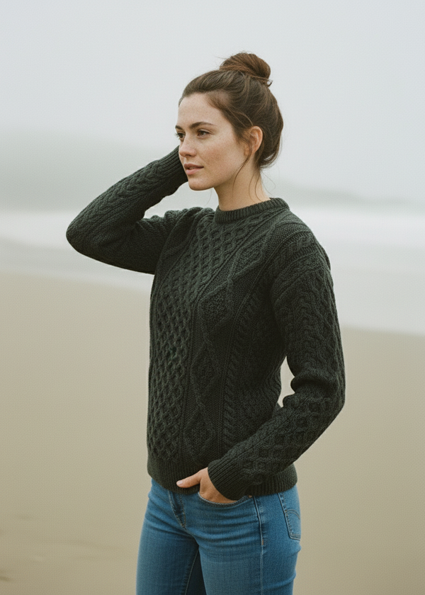 Unisex Aran Wool Sweater | Army Green