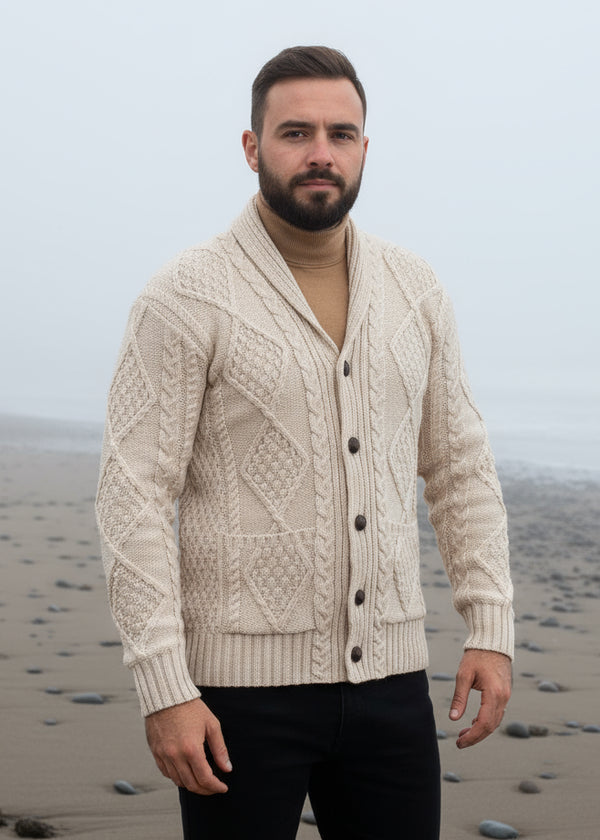 Aran Men's Shawl Button Cardigan | Oatmeal