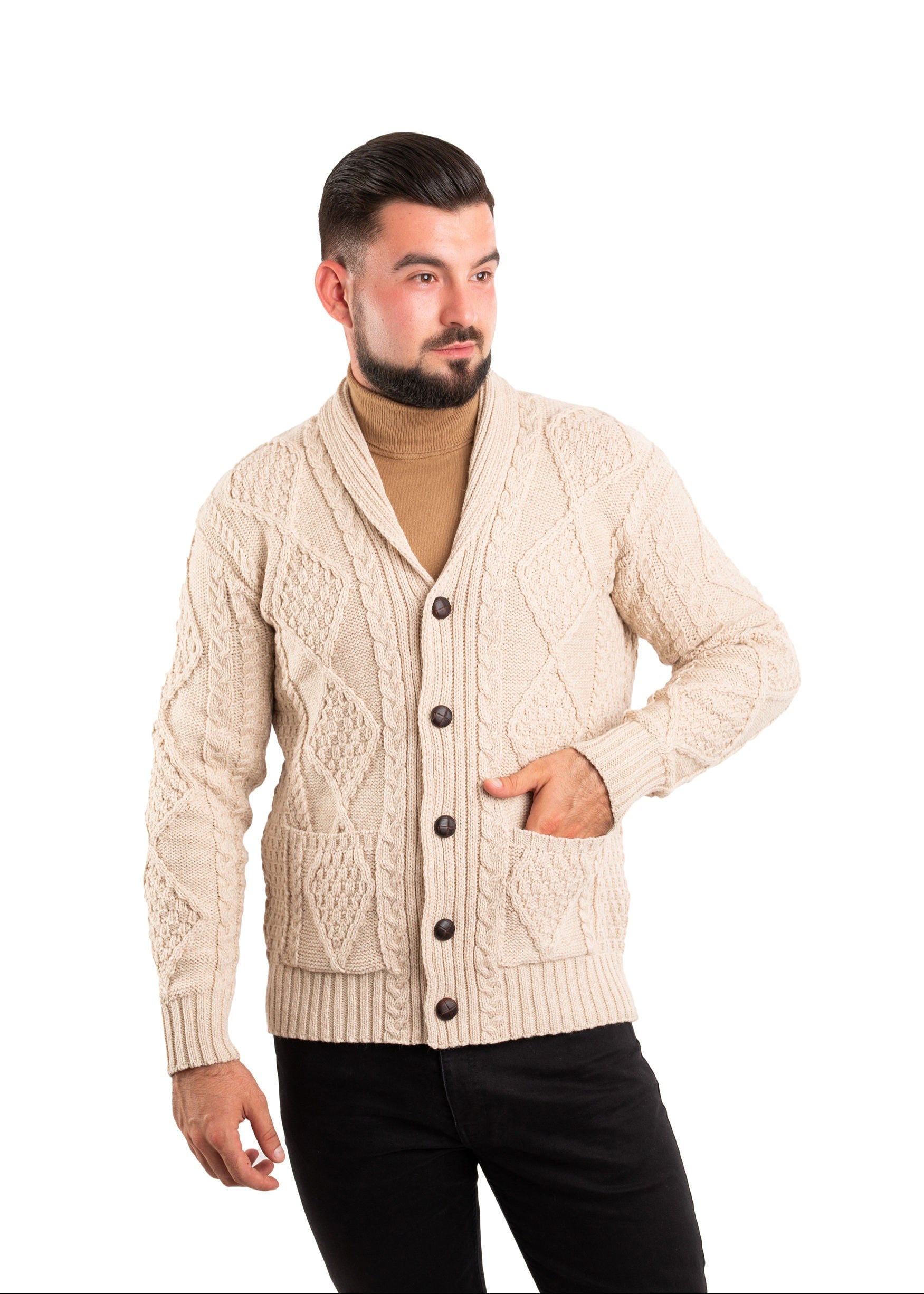 Aran Men's Shawl Button Cardigan | Oatmeal