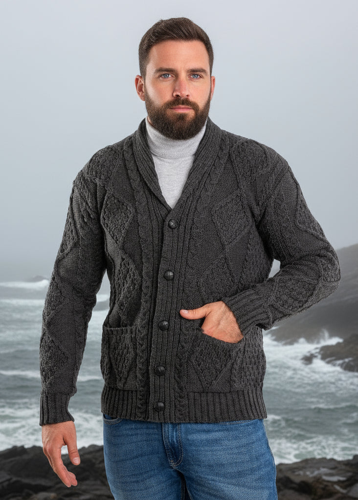 Aran Men's Shawl Button Cardigan | Charcoal