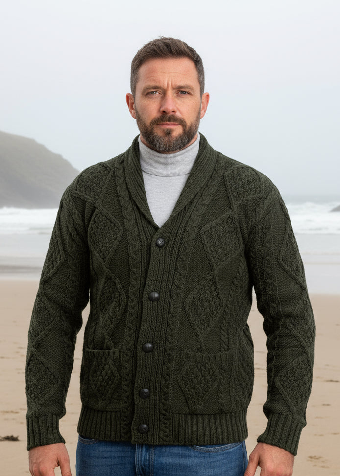 Aran Men's Shawl Button Cardigan | Charcoal