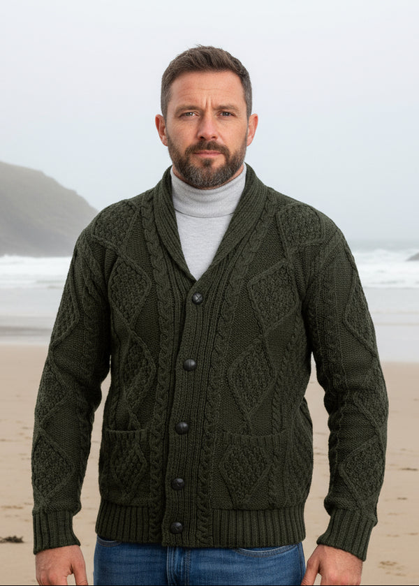 Aran Men's Shawl Button Cardigan | Charcoal