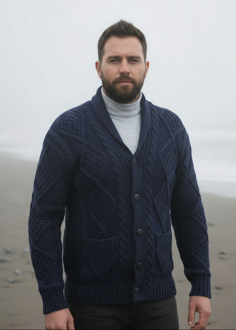 Aran Men's Shawl Button Cardigan | Blue