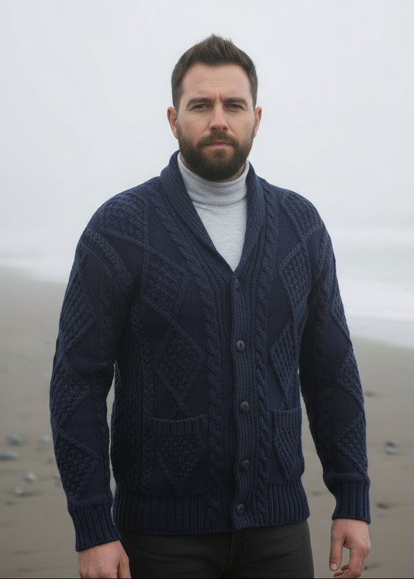 Aran Men's Shawl Button Cardigan | Blue