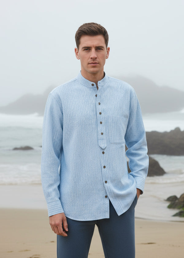 Vintage Cotton Grandfather Shirt – Ivory Pin Stripe