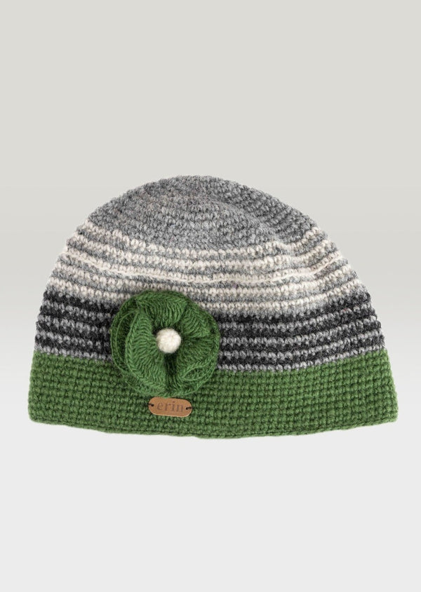 Crochet Cap with Flower Green & Grey