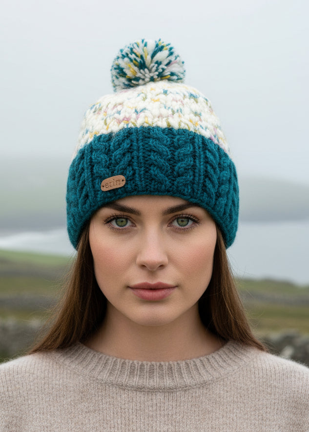 Wool Bobble Flecked Teal Hat