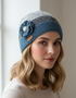 Erin Women's Handcrafted Crochet Flower Cap | Denim Grey Wool