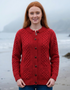 Women's Aran Merino Wool Cardigan | Traditional Honeycomb Knit | Red