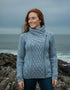 Women's Light Blue Aran Cable Knit Sweater with Side Zip | Merino Wool