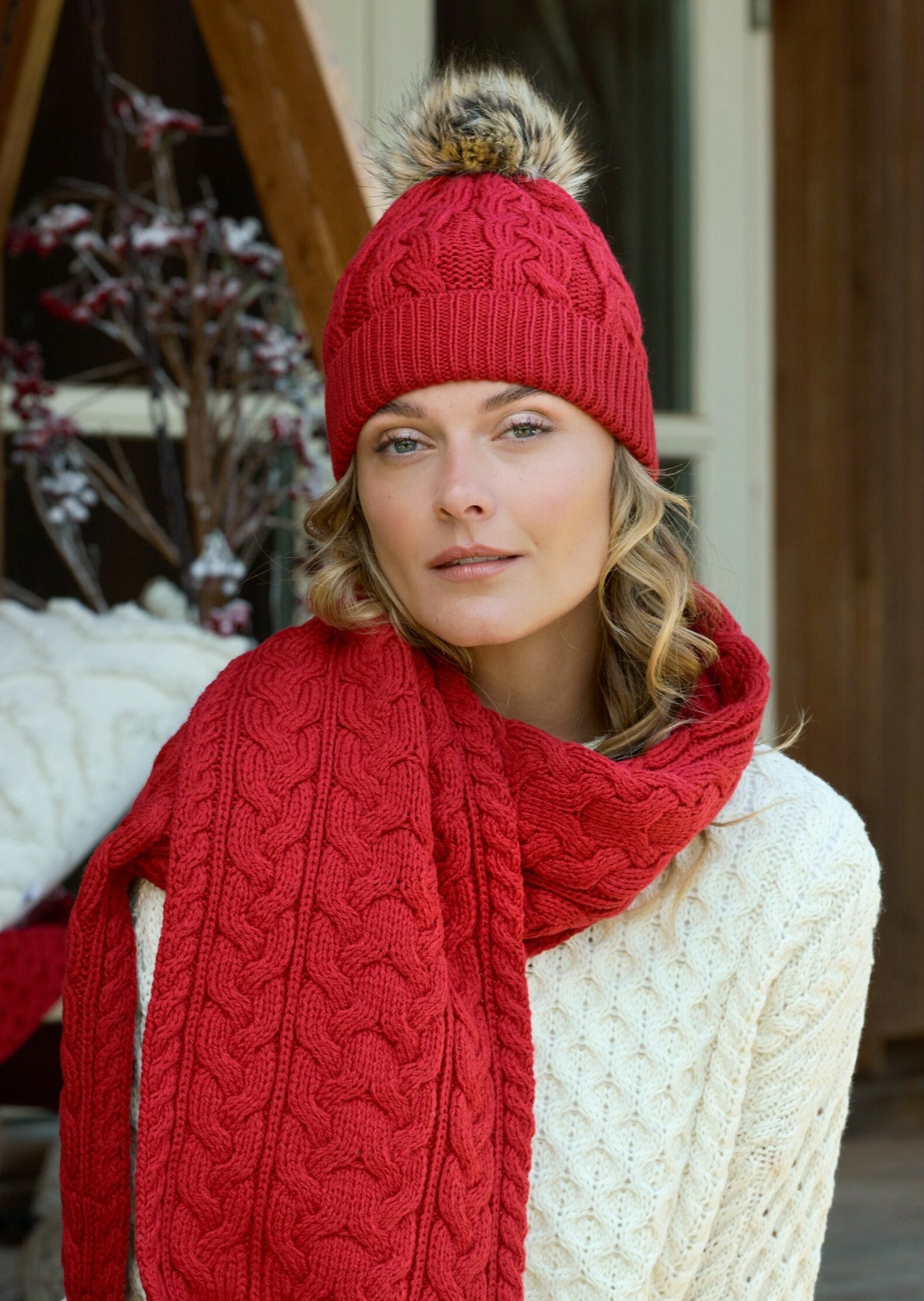 Aran Cable Knit Pom Pom Hat | Cherry