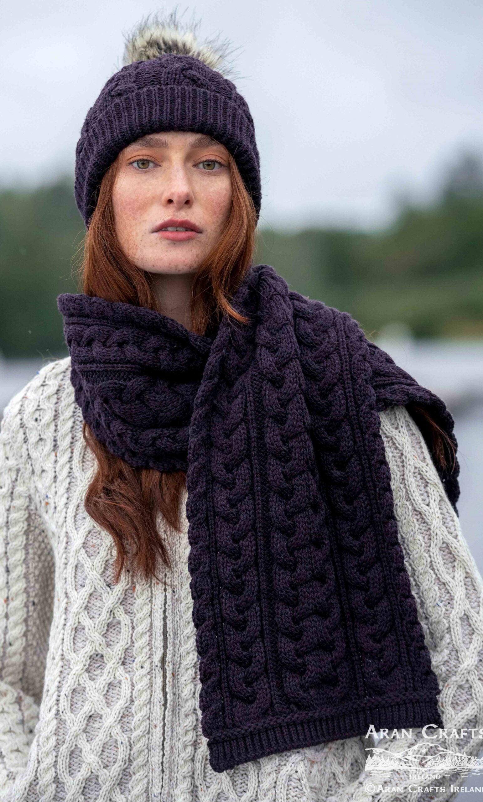 Chunky Cable Knit Aran Scarf - Damson