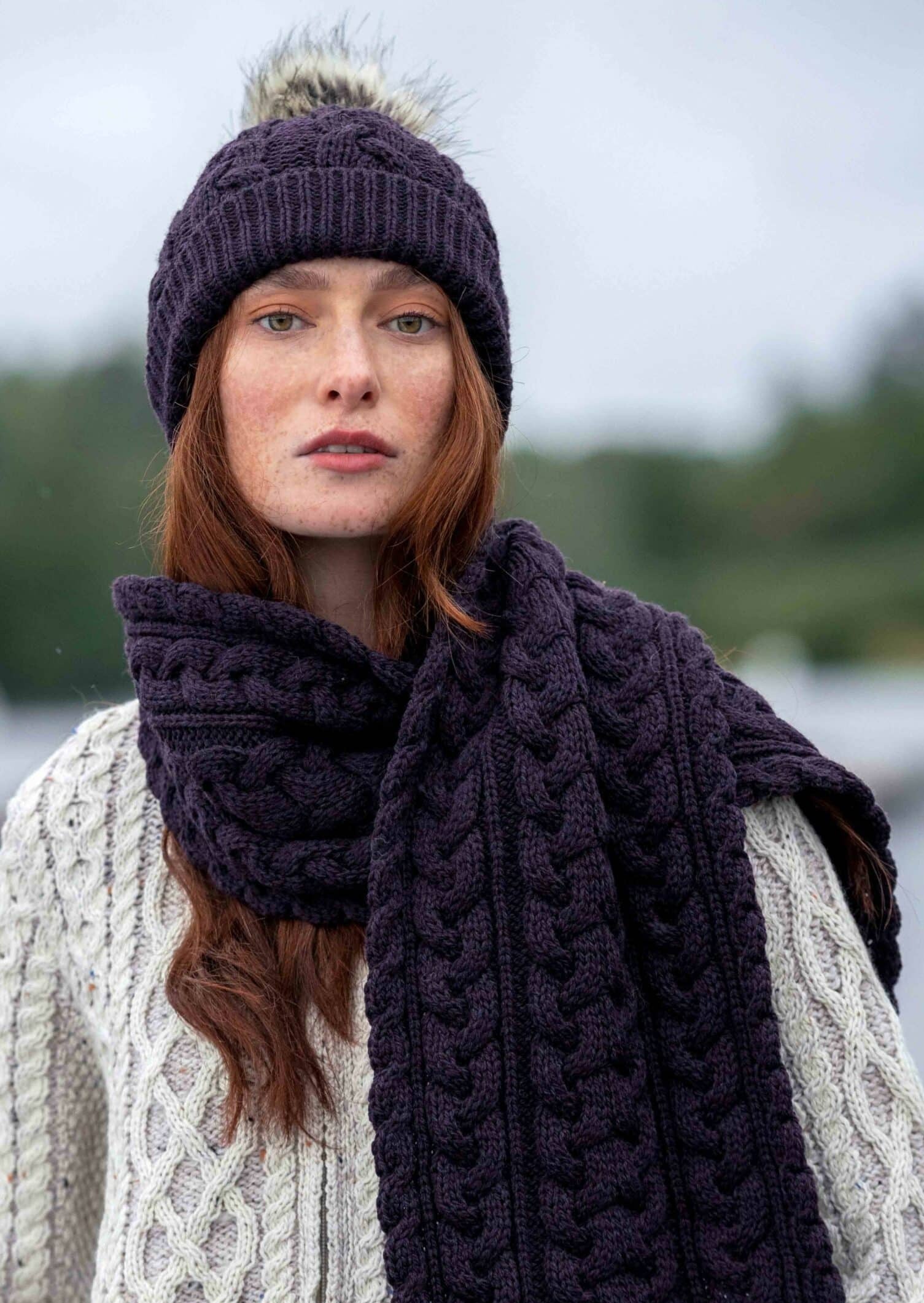 Aran Cable Knit Pom Pom Hat - Damson