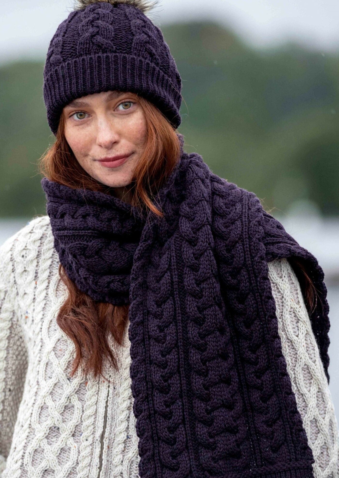 Chunky Cable Knit Aran Scarf - Damson