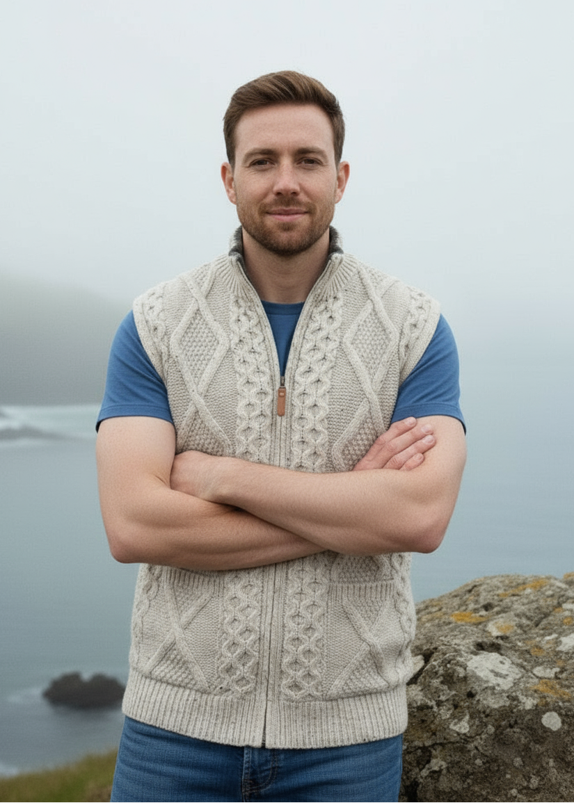 Men's Aran Zip Gilet | Oatmeal