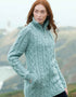Aran Troyer Neck Zip Coat | Mermaid - 100% Merino Wool Irish Cardigan