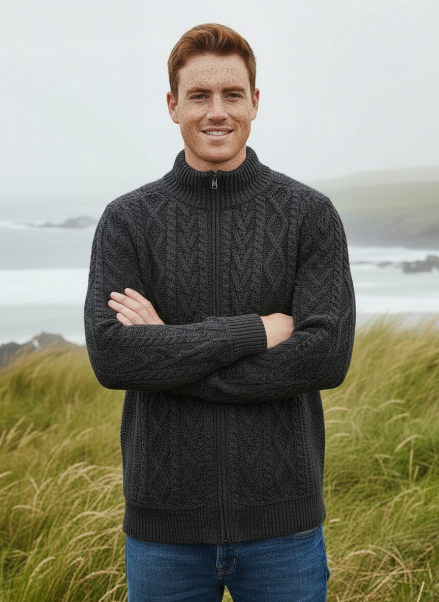 Aran Crafts Full Zip Sweater | Charcoal