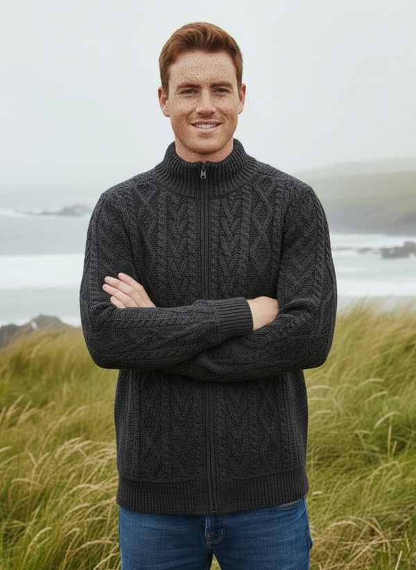 Aran Crafts Full Zip Sweater | Charcoal