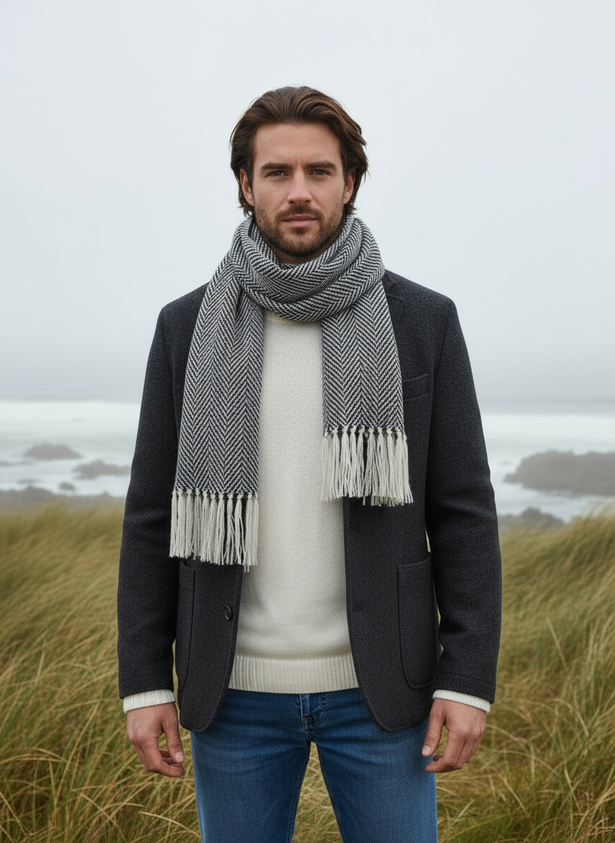Mucros Alpaca Scarf | Grey Herringbone
