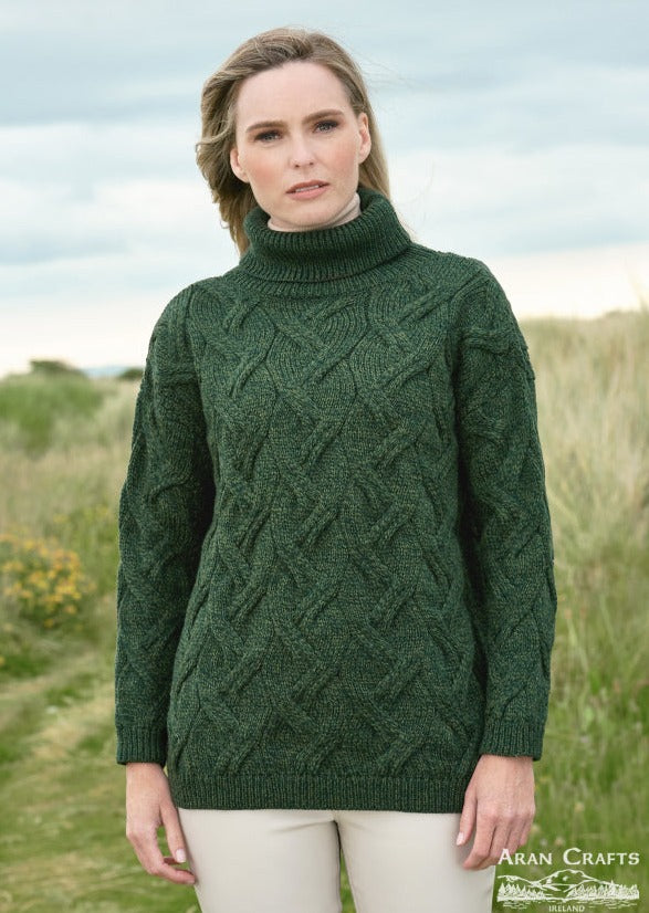 Aran Crafts Cable Knit Wool Chunky Sweater - Green