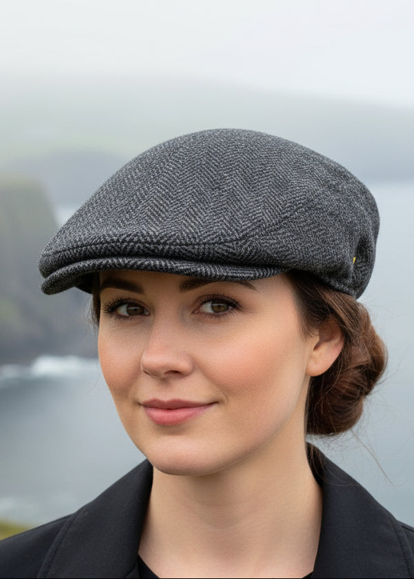 Pure Wool Aran Cap | Charcoal Herringbone