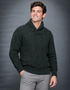 Men's Aran Shawl Neck Sweater | Army Green | 100% Merino Wool