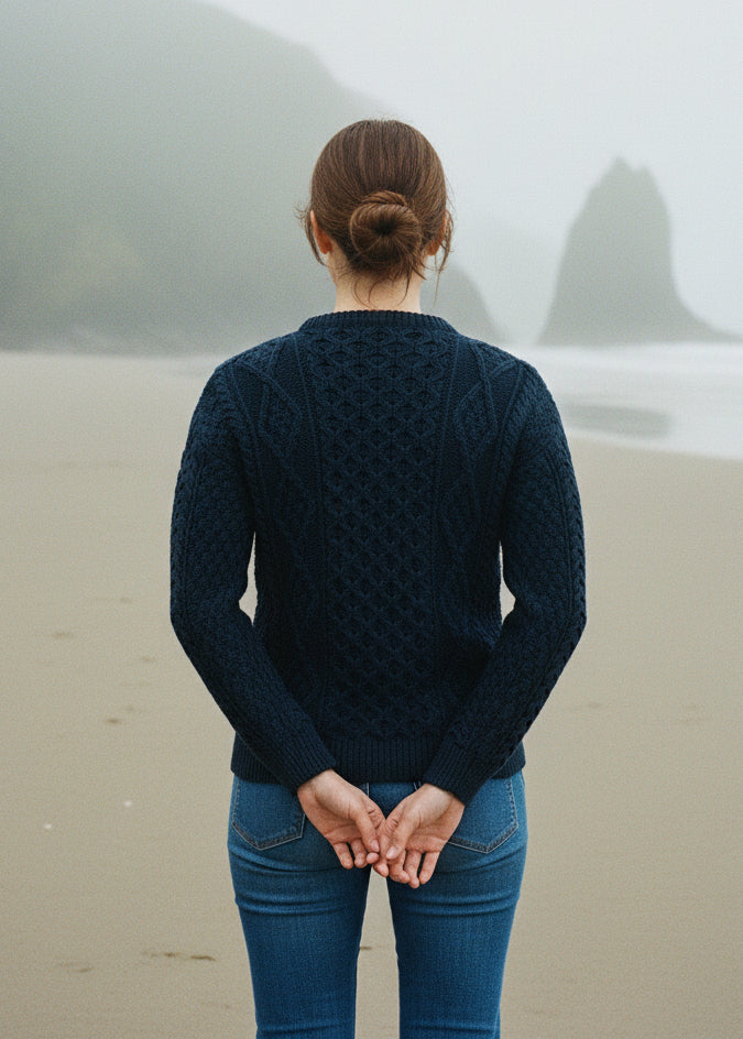Unisex Aran Wool Sweater | Navy/Green Mix